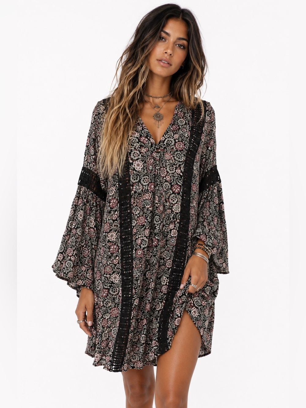 Knox Rose Floral Boho Tunic Dress Medium Black Bell Sleeve Crochet Trim Festival